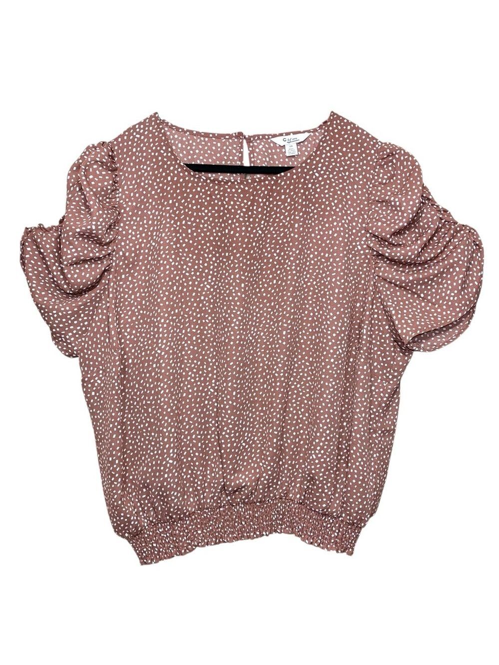 Brown Crepe Polka Dot Blouse Sz 2XL Feminine Short Puff Sleeve Flowy Boho Shirt